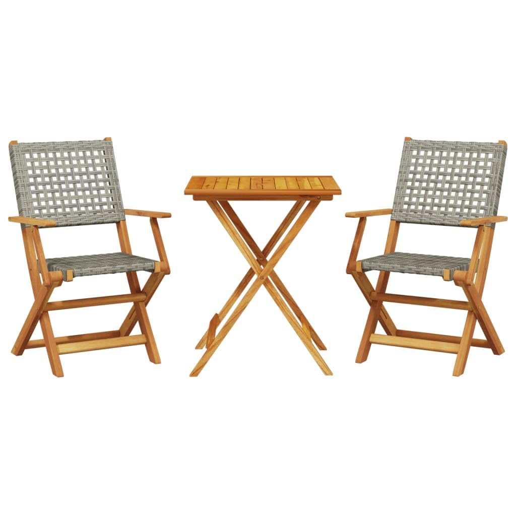 Set da 3 pezzi da bistrot grigio in polyrattan e legno massello, set da esterno