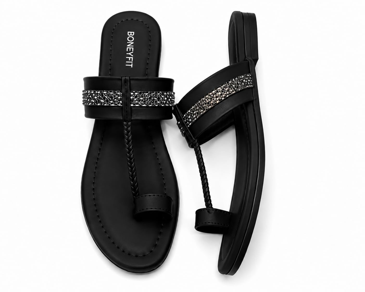 boneyfit women's toe ring flat sandals, black, rhinestone embellished strap, casual slip-on