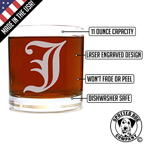 Etched Monogram 10.5oz Rocks Old Fashioned Lowball Glass for Whiskey Scotch Bourbon (Letter J)