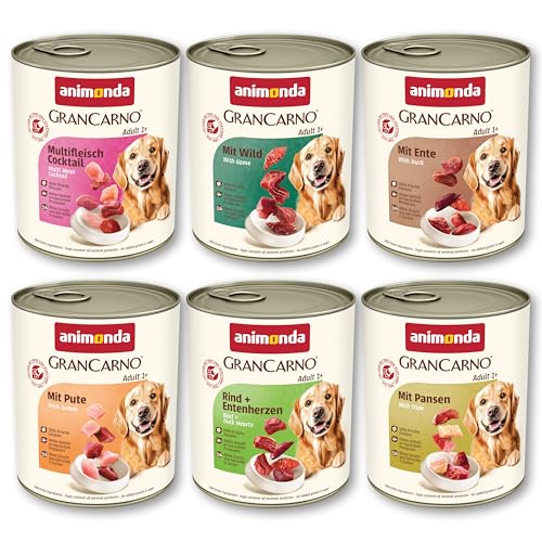 animonda GranCarno Hunde Nassfutter Kräftige Variation II (6 x 800 g), getreidefreies Hundenassfutter ohne Zucker, für ausgewachsene Hunde, mit frischen fleischigen Zutaten