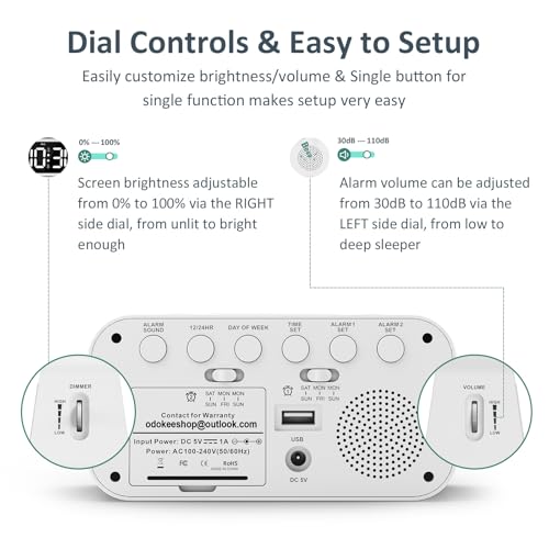 Image of Odokee Digital Dual Alarm Clock for Bedroom, Easy to Set, 0-100% Dimmer, USB Charger, 5 Sound Adjustable Volume, Weekday /Weekend Mode, Snooze, 12 /24Hr, Battery Backup, Compact Clock for Bedside(White) | Easy to Set Alarm Clock with Weekday /Weekend Mode - Loud Alarm for Heavy Sleepers with 5 Sounds Adjustable Volume - White