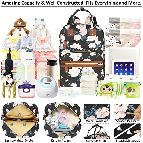 Tenot Diaper Bag Backpack For Women Large Capacity, Baby Bag With Insulated Pockets Multifunctional Diaper Bags For Baby Girl Boy Waterproof Baby Bags For Boys Girls Maternity Bag Black Pink Floral #TOP2