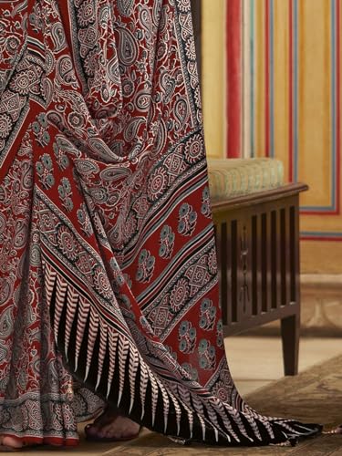 Image of SAREE MALL Women's Ajrkh Print Satin Crepe Polka Dot Printed Saree With Unstitched Blouse Piece