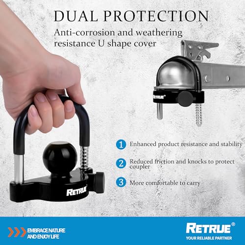 Image of RETRUE Universal Trailer Ball Lock Hitch Coupler Locks Fits 1-7 /8 Inch, 2 Inch, 2-5 /16 Inch Couplers Adjustable Security with Weatherproof Cover and Cap, Black