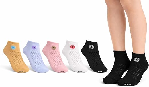 KSHUNYX Kids Ankle Length Cotton Socks | Pack of 5 | Cute Flower Design | Breathable Knit | Soft &amp; Comfortable Socks for B...