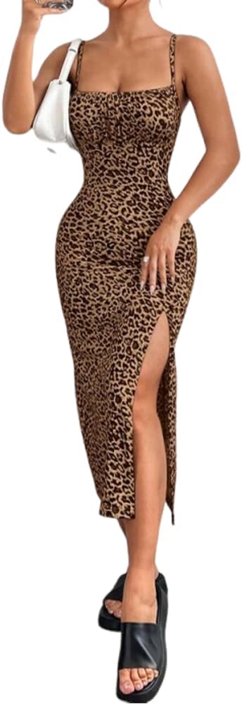 Ulovmi Maxi Dresses for Women Bodycon Slit Hem Sleeveless Backless Slip Dress - Image 3