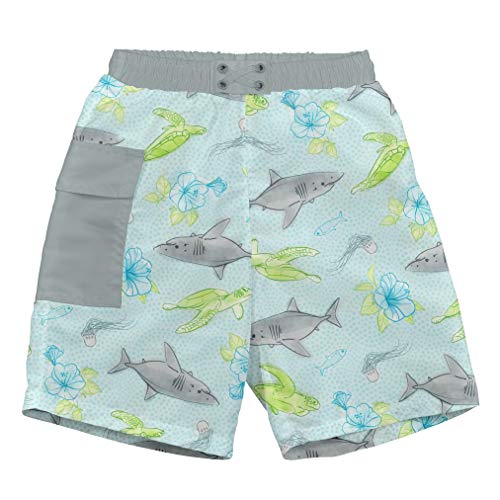 i play. by green sprouts baby-boys Trunks with Built-in Reusable Swim Diaper,Light Aqua Shark Sealife,18mo