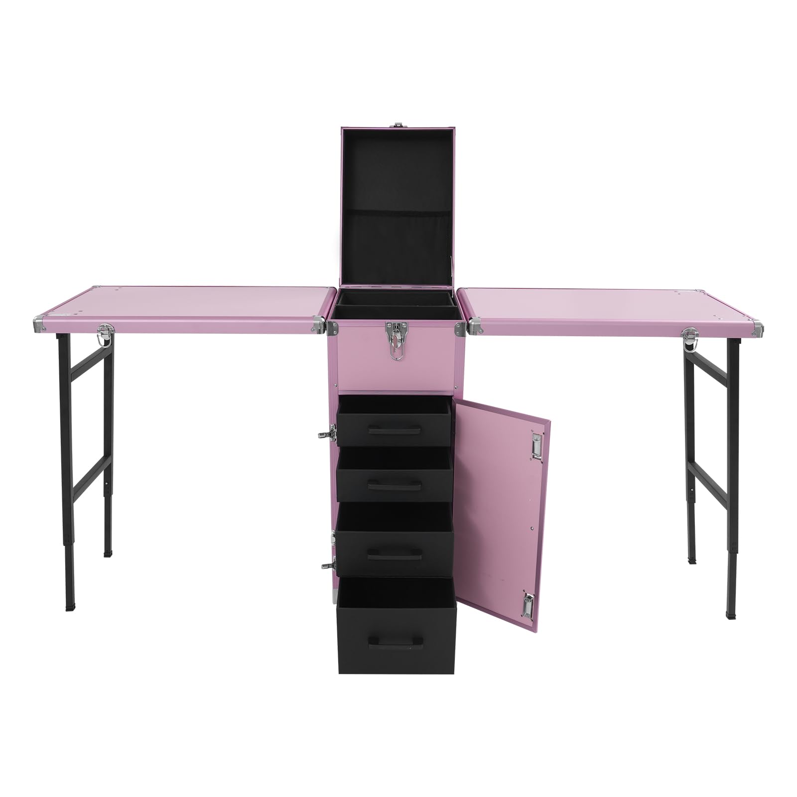 Stół do manicure, stolik do manicure, stół do manicure ze stopu aluminium, składany, mobilny kuferek na kosmetyki z 4 szufladami, przenośny stolik do studia paznokci, do 100 kg (różowy)