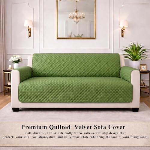 Image of STITCHNEST 'Airsoft Range Series' Solid Quilted Velvet Sofa Cover for 2 Seater | Premium Soft Velvet Sofa Protector | Olive Diamond Quilted Design with Armrest Pockets | Furniture Cover