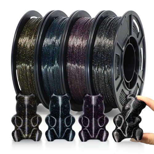 YOUSU Galaxy Black TPU Filament 1.75mm Bundle, 95A (42D) Flexible 3D Printer Filament, Galaxy Glitter with Starry Sparkle Effect,250g Spool,4 Rolls,TPU Black Filament Glitter Gold+Blue+Purple+Colored