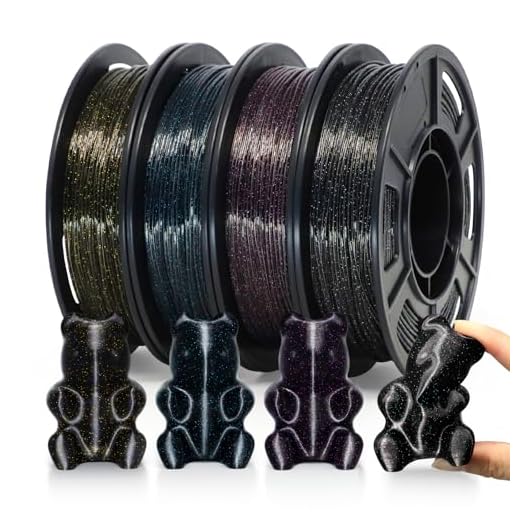 YOUSU Galaxy Black TPU Filament 1.75mm Bundle, 95A (42D) Flexible 3D Printer Filament, Galaxy Glitter with Starry Sparkle Effect,250g Spool,4 Rolls,TPU Black Filament Glitter Gold+Blue+Purple+Colored