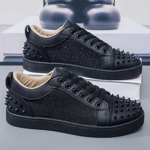 Men's Street & Punk Casual Sneakers: Metal Rivets, Black & White Studded Leather + Glitter Fabric, Lace - Up Comfortable Shoes2