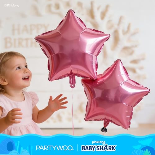 Image of PartyWoo Baby Shark Pink Foil Number 2 Balloon 5pcs 40 18 Inch Pink Round Star Mylar Helium Birthday Balloons for Boys and Girls Baby Shark Under the Sea Ocean Kids Second Birthday Party Decorations