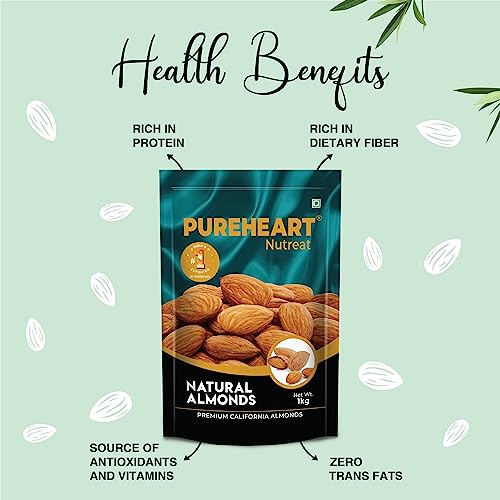 Image of Pureheart Nutreat Natural Almonds (1 kg) Premium California Almond Nuts /Dry Fruit, Crunchy & Delicious Dried Badam - Resealable Pouch