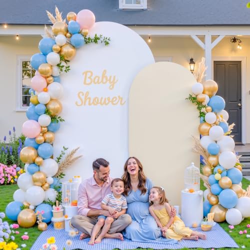 Image of Beige White Arch Backdrop Cover Set of 2 Spandex 7.2 and 6ft Arch Covers Stretchy Backdrop Boho Wedding Balloon Arch Stand Covers for Birthday Party Baby Bridal Shower Banquet Photo Arches Background