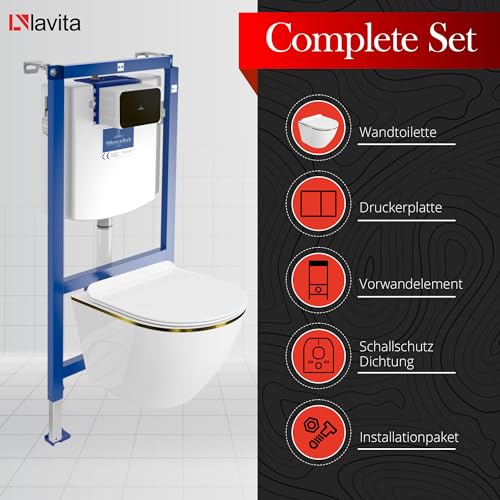 Lavita ViConnect H112 Vorwandelement Unterputz WC mit Bedienplatte + Wand Hänge Tiefspül WC Sofi Slim Gold Line Spülrandlos + WC Sitz Komplettset Unterputz Spülkasten Toilette Komplett Sett WC – Bild 4