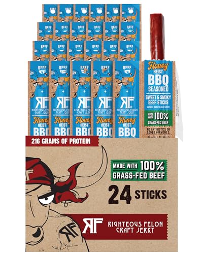 Righteous Felon Honey Heist BBQ Beef Sticks, 100% Grass Fed Beef, 24 Count