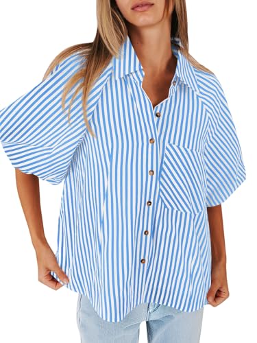 Image of Tankaneo Womens Short Puff Sleeve Button Down Shirts Striped Trendy Casual Loose Fit Blouse V Neck Collared Tops