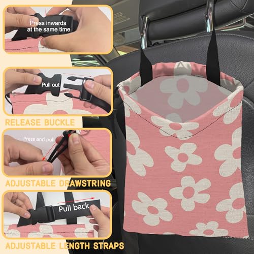 Image of Pink Groovy Flowers Car Garbage Bag, Small Car Trash Bag Hanging,Drawstring Car Garbage Bag with Adjustable Buckle for Car Back Seat,SUVs,Camping,Road Trips