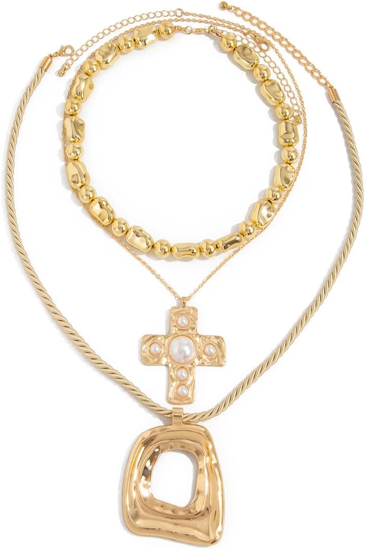 Layered Gold Chunky Cross Necklace for Women Irregular Geometric Square Pendant Necklace Gold Unique Punk Hip-Hop Oval Hollowed-Out Chain Necklace