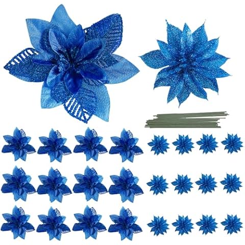 LEHIYIJIA 24Pcs Poinsettia Christmas Flowers Decorations with Stems, 2 Styles Glitter Artificial Poinsettia Christmas Tree Ornaments, for Xmas Tree Wreath Garland Holiday Decor, Blue Cover