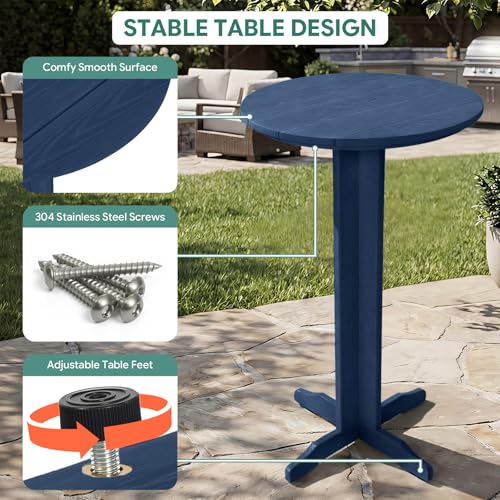 Image of Outdoor Round Bar Table, 43 Inch All-Weather HDPE Bar Height Pub Table with Adjustable Feet, Heavy Duty High Top Bistro Table for Garden, Deck, Poolside,Backyard (Navy Blue)