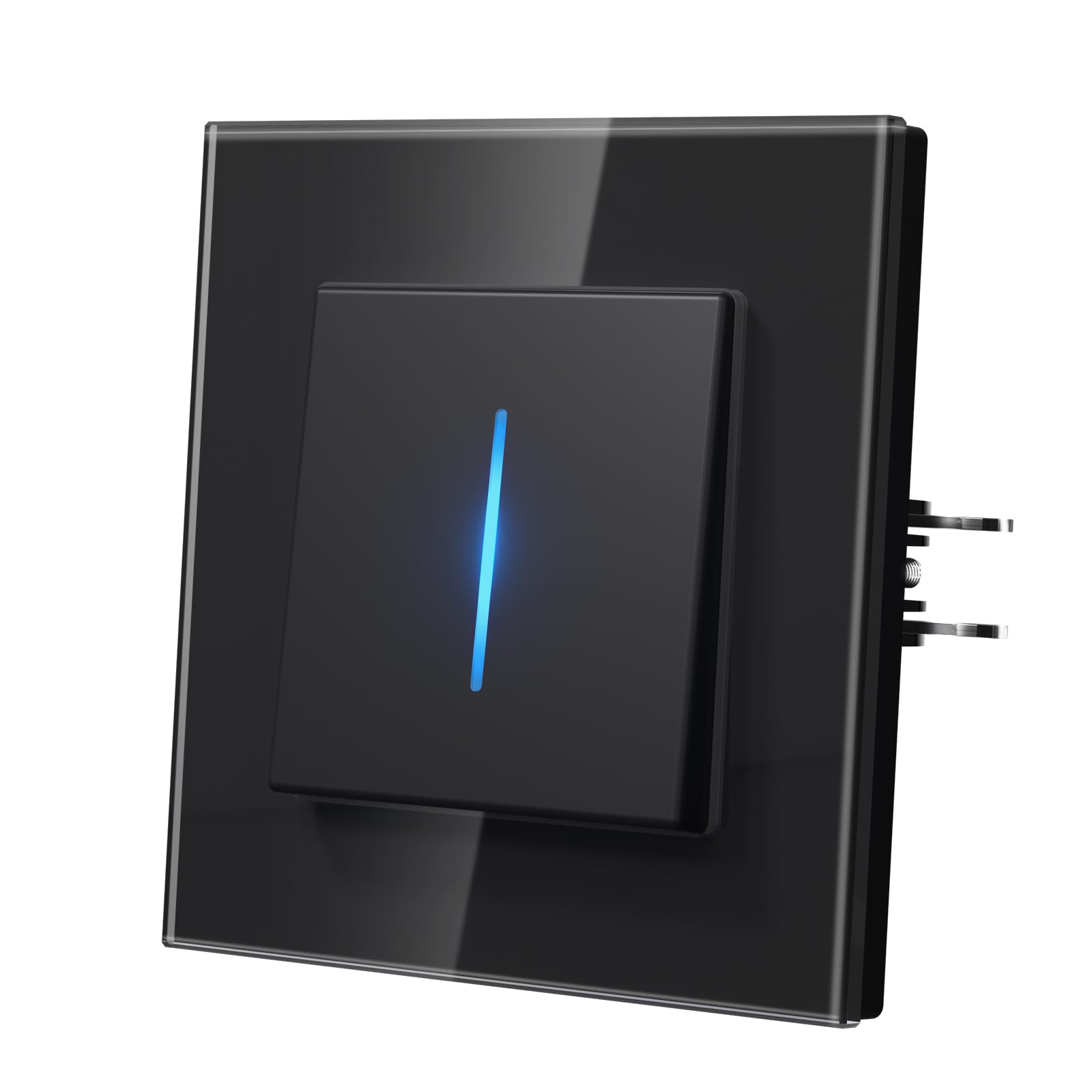 MVAVA Lichtschalter Unterputz, Lichtschalter mit Blaue Leuchtstreifen, Moderne Glas Schalter, Einfache Montage 86mm*86mm Wandschalter, 1 Fach 1 Weg Schwarz