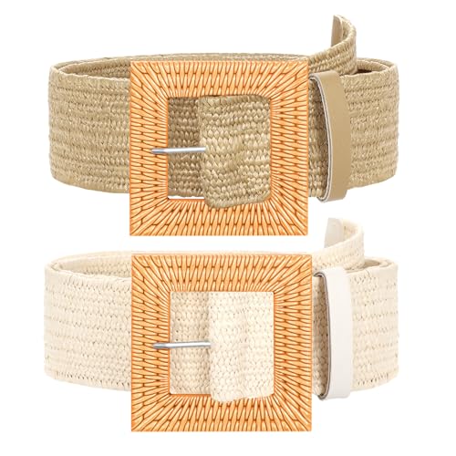 Image of SUOSDEY 2 Pack Straw Woven Elastic Belt Braided Stretch Wide Belt for Women Dress, C-khaki+beige, Fit Waist up to 35''