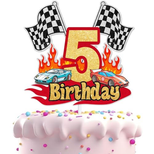 Decoración Tarta Coche Carreras, Topper Tarta Cars, Decoracion Pastel Coches, Cake Topper Coche, Deco Pastel de Feliz Cumpleaños con Bandera a Cuadros y Tema Carreras para Niños de 5 años