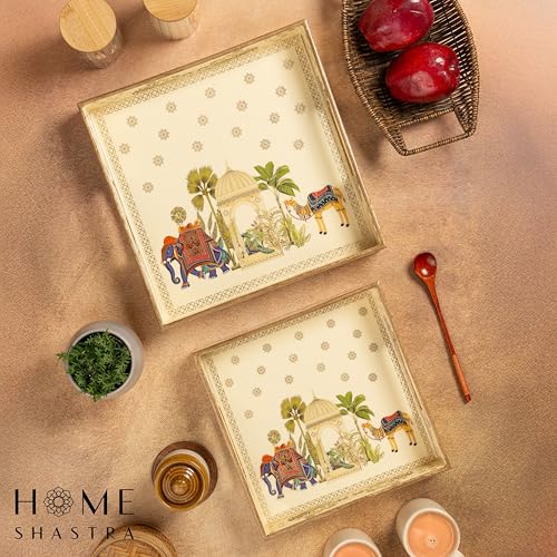 Image of Wooden Serving Tray with Gold Engraving | Set of 2 | Size : 12 x 12 inch & 10 x 10 inch | Enamel Coated Waterproof | Square Trays | Decorative Trays | (Royal Camel Square Trays Set)