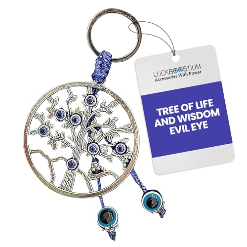LUCKBOOSTIUM Silver Tree of Life & Evil Eye Good Luck Keychain – Protection Charm, Tree of Life Keychain, Evil Eye Hanging Accessory, Rear View Mirror Ornament, Gift for Men & Women, Good Luck Charm