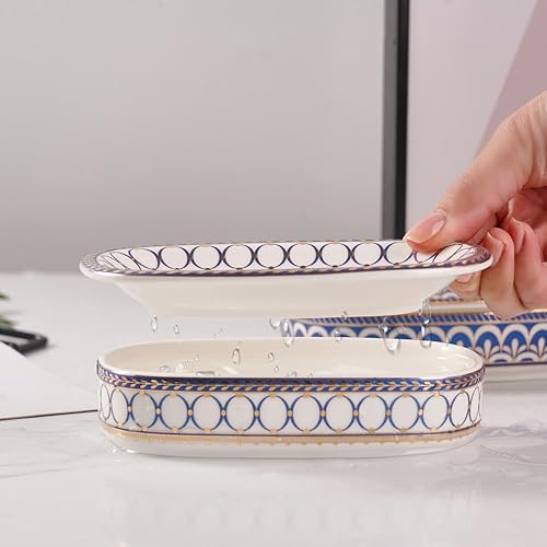 Miniatura 10 de Jabonera autodrenante, bandeja de jabón de doble capa, jabonera de cerámica blanca con patrones elegantes (estilo D)