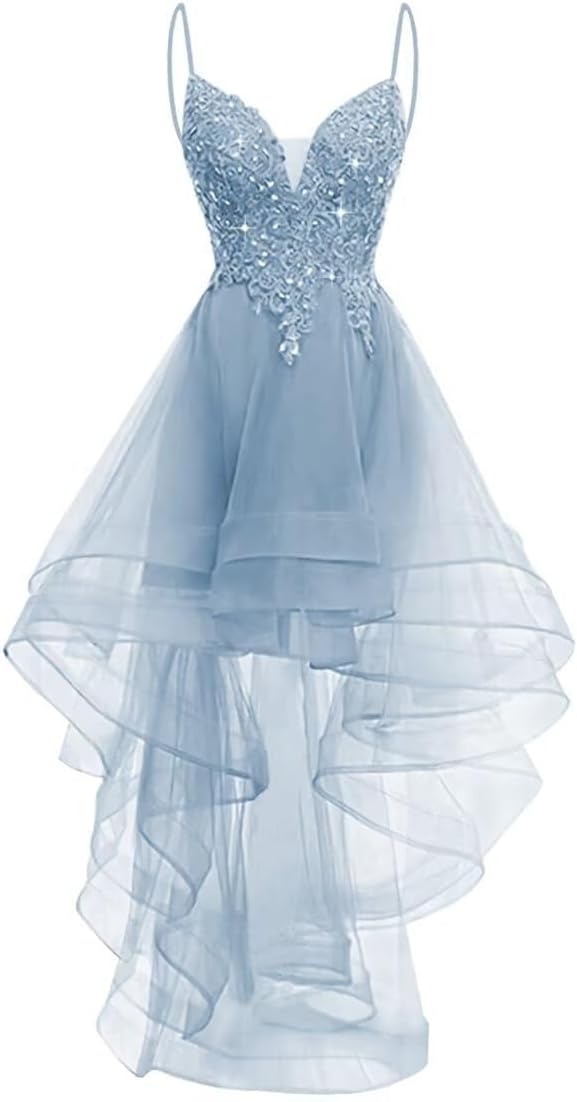 Sparkly Tulle Homecoming Dresses for Teens High Low Spaghetti Straps Lace Applique Prom Dress Quinceanera Dress