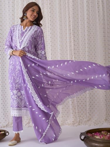 Image of INDO ERA Women's Embroidered Pure Cotton Kurta & Pant with Dupatta Set (KH0PH6072)