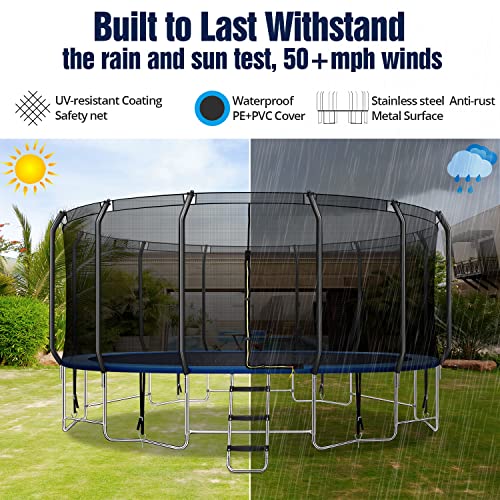 16Ft Trampoline, Full Stainless Steel Heavy-Duty Outdoor Trampoline With 6 Wind Stakes&Balance Bar&Carved Poles, 1100Lbs Weight Capacity,1.5Mm Thickened Trampoline For Kids Adults-Astm Approved,Blue #TOP6
