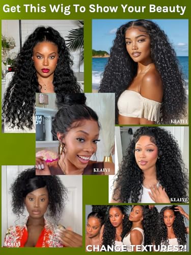 Image of KLAIYI Bye Bye Slip Water Wave 7X5 Precut Lace Front Human Hair Wig Drawstring Glueless 3S Ready to Wear and Go Wig with Baby Hair Pre Plucked Bleached Bye Bye Knots Curly Wig 180%Density Full 28Inch