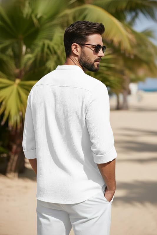 Image of Men's Cotton Blend Short Kurta with Collared Neck Full Sleeves Solid Pattern Western Style Regular Fit and Standard Length