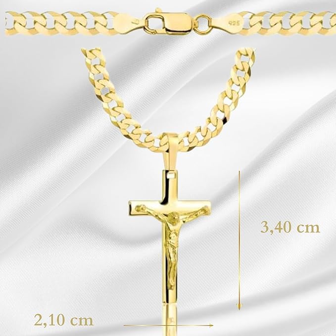 AMAR ZELYA złoty męski łańcuszek z krzyżem, pozłacany 925/585 - krzyż męski lity - 5 mm, łańcuszek z krzyżykiem, pancerz, 70 cm