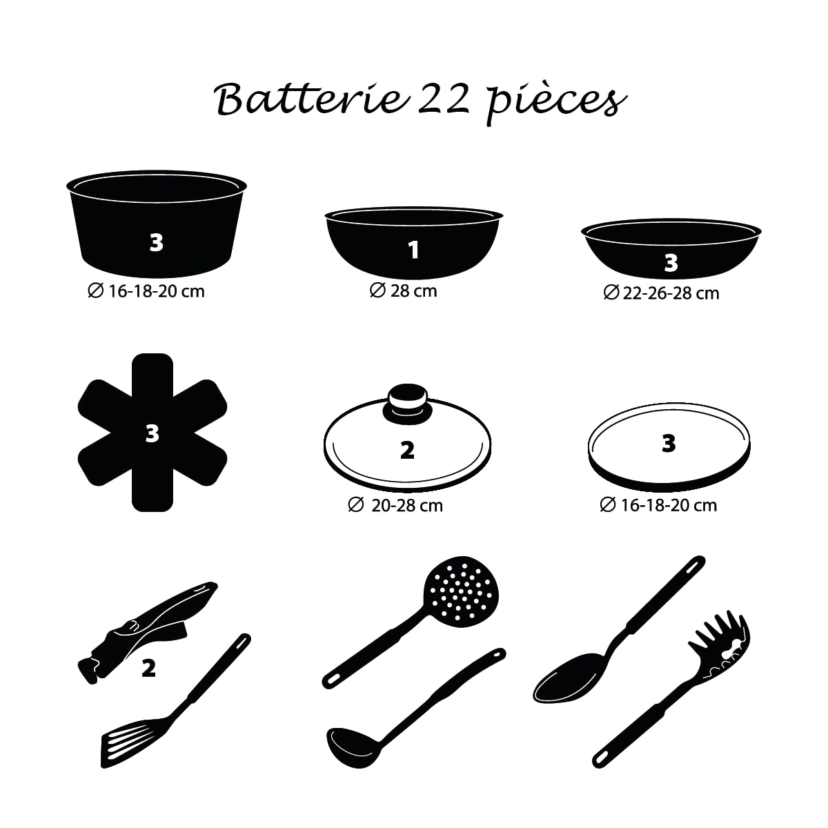 Kamberg - Batterie de Cuisine 22 pcs - Induction - Made in France - Sans PFOA/PFAS - Avec 2 couvercles Pyrex® Ø20-28 cm