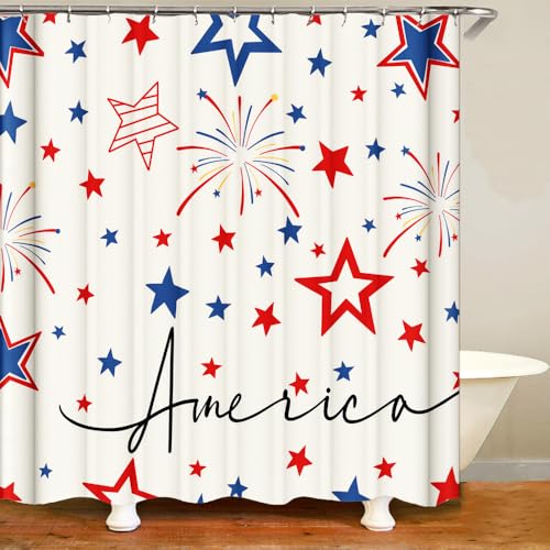 AIXMJZQ 4th of July Shower Curtain Red White Blue Stars America Independence Day Waterproof Bathroom Decorations 72x72 Inches with 12 Hooks