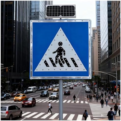 24" Solar Flashing Pedestrian Crossing Sign, Weatherproof Aluminum Traffic Warning Sign for Urban Roads & Schools, Solar-Powered IP65 Crosswalk Safety Sign, 61CM