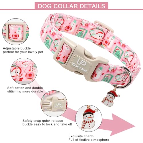 Image of Christmas Dog Collars - Lovely Pink Snowman and Lantern Print Dog Collar - Lightweight, Adjustable Collar for Small to Large Dogs XS