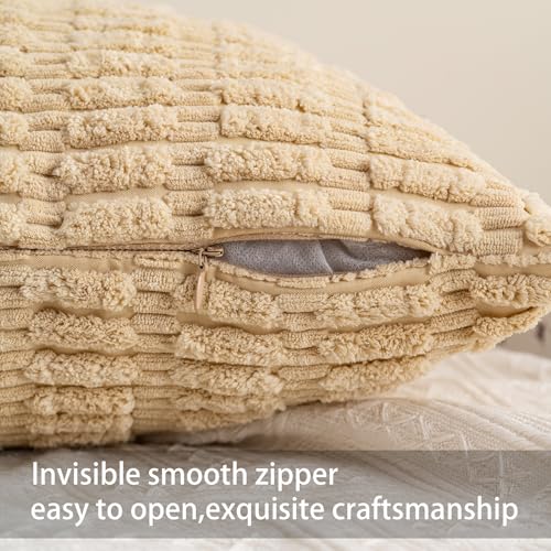 Image of Aegero Pack of 2 Corduroy Decorative Throw Pillow Covers 18x18 Inch, Beige | Fall Soft Striped Pillow Covers Modern Farmhouse Home Decor Christmas Throw Pillow Covers for Sofa Living Room Couch Bed