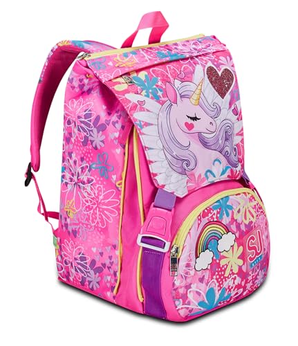 SJ GANG STYLE JAM GANG Zaino Scuola Estensibile, Rosa, Unicorn Led, Zaino Doppio Scomparto Estensibile Tramite Zip Laterali, Tasca Porta Borraccia, Scuola Elementare, Bambina