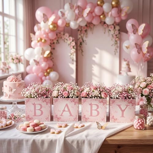 Image of Bucherry 6 Pcs Baby Shower Centerpiece Boxes with 'baby' Letters Flower Boxes Tables Decoration for Girl Baby Shower, Birthday, Gender Reveal Party Favors(Pink,Pink Bow)