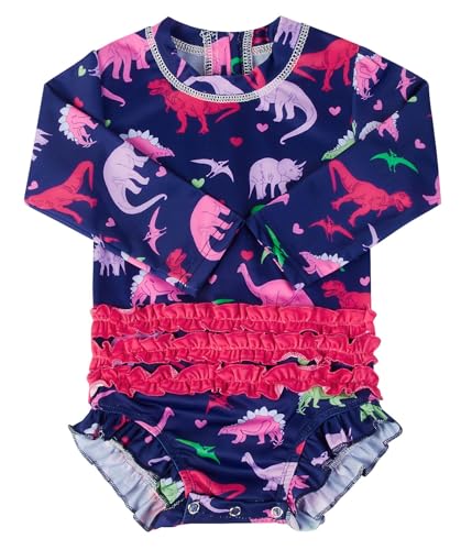 Image of Baby Girls Swimsuit 0-3 Months Newborn Rash Guard One Piece Dinosaur Bathing Suit UPF 50+ Sun Protection Long Sleeve Swimwear