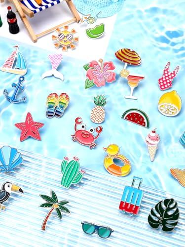 Image of JUNEBRUSHS 28PCS Summer Enamel Pins Cute Hawaiian Beach Brooch Pins for Summer Beach Theme Birthday Party Classroom Favor Supplies Exchange Gift Clothes Hat Accessories