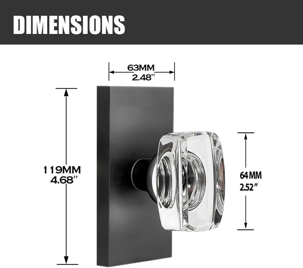 Crystal Glass Dummy Door Knob Interior, Matte Black Modern Dummy Door Knob Door Handles for Closet Hall Rectangular Single Side Non-Turning Inactive, 2 Pack