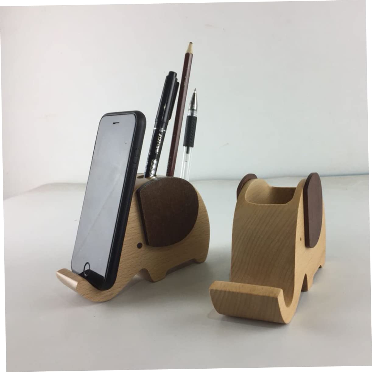 Operitacx 2pezzi Porta Penne Forma Di Elefante Di Faggio Con Supporto Per Cellulare Organizer Da Scrivania Divertente e Pratico Per Ufficio e Casa Porta Penne Elefante