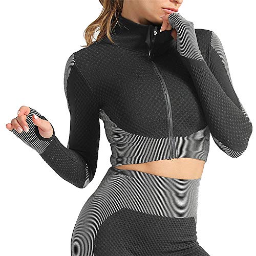 T-Shirt de Course pour Femme tops de sport fitness manches longues zippé vêtement yoga gym